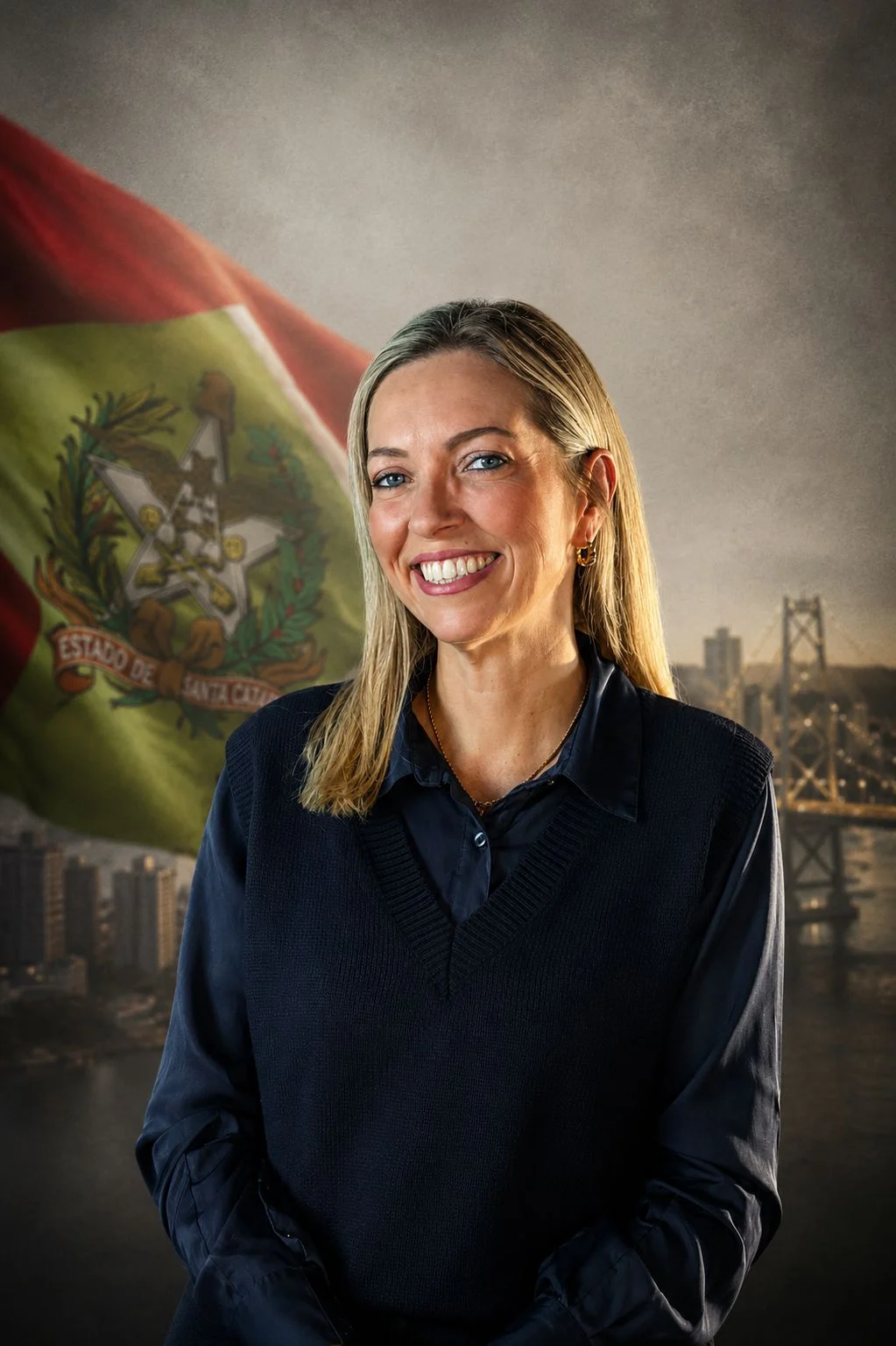 Leatrice Bez com bandeira de Santa Catarina ao fundo
